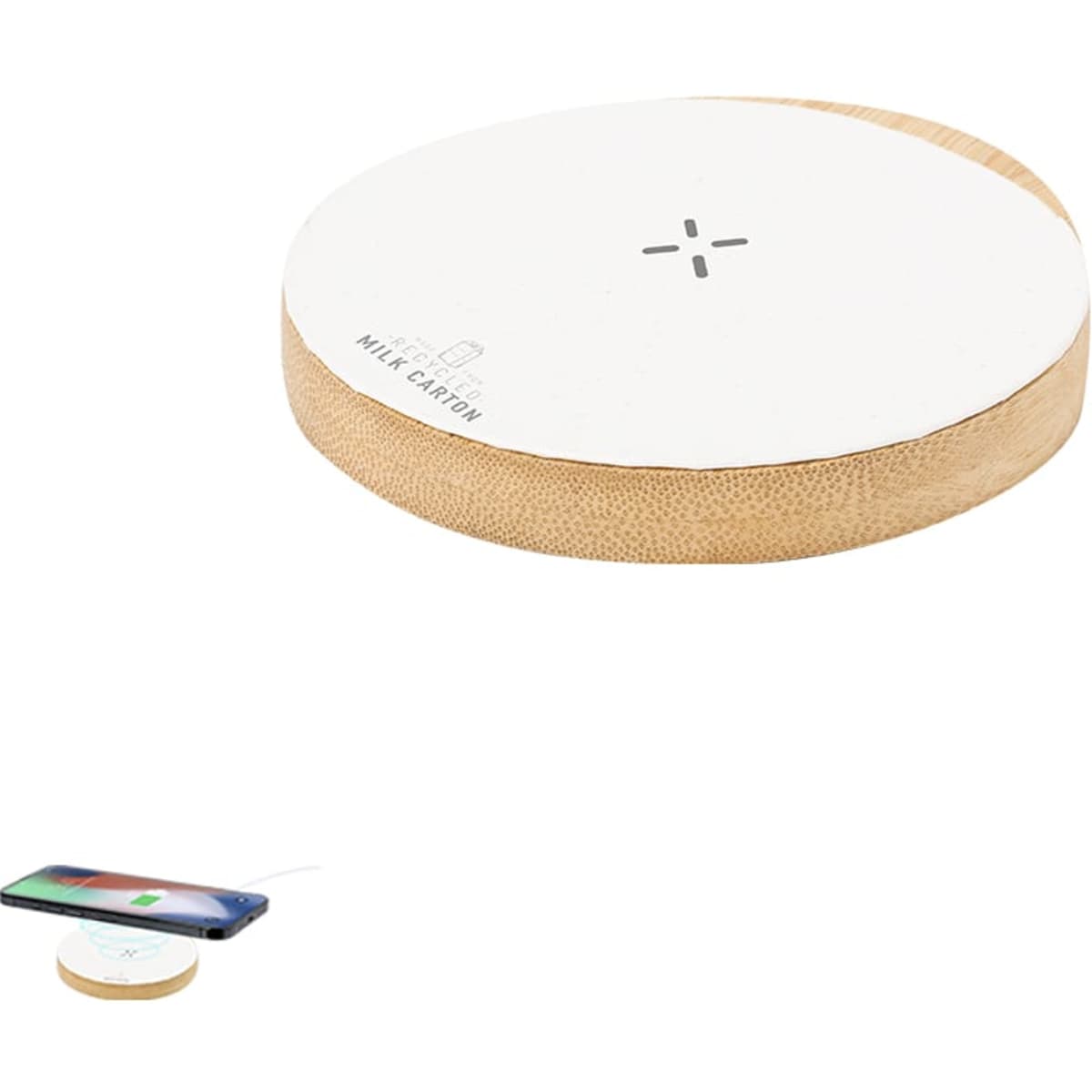 A wireless charger with a circular design featuring a white top and a textured brown base, including a logo.
