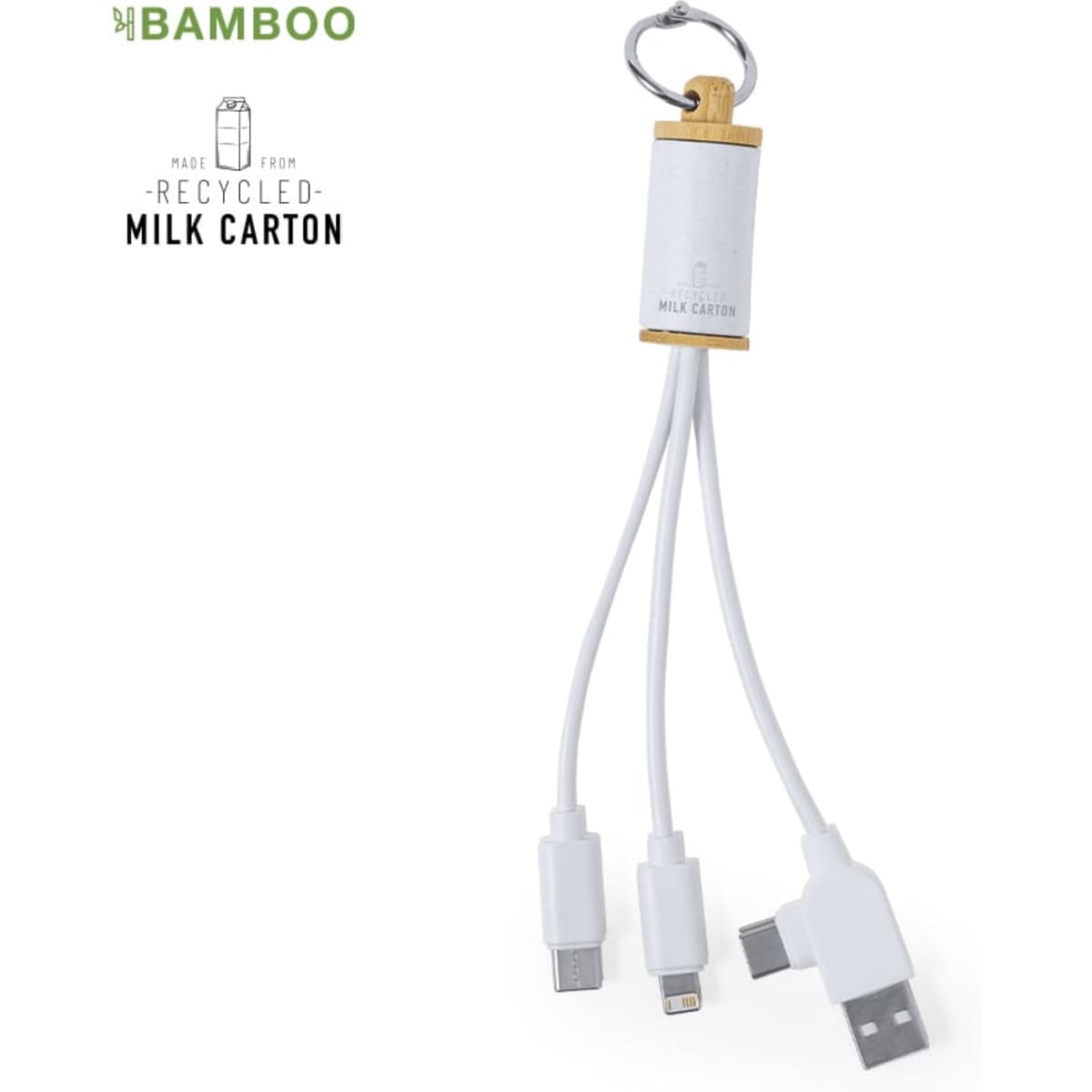 A charging cable with a bamboo holder, featuring three connectors: USB, Lightning, and micro-USB. It has a logo.