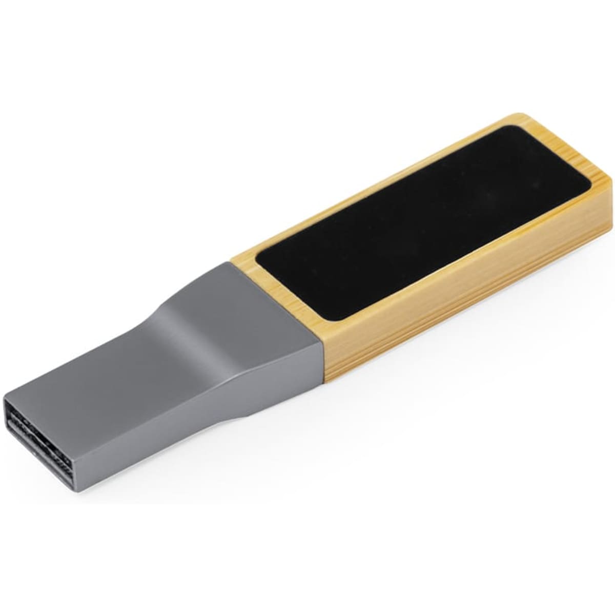 A USB drive with a grey metallic casing and a wooden bamboo accent. It features a logo on the surface.
