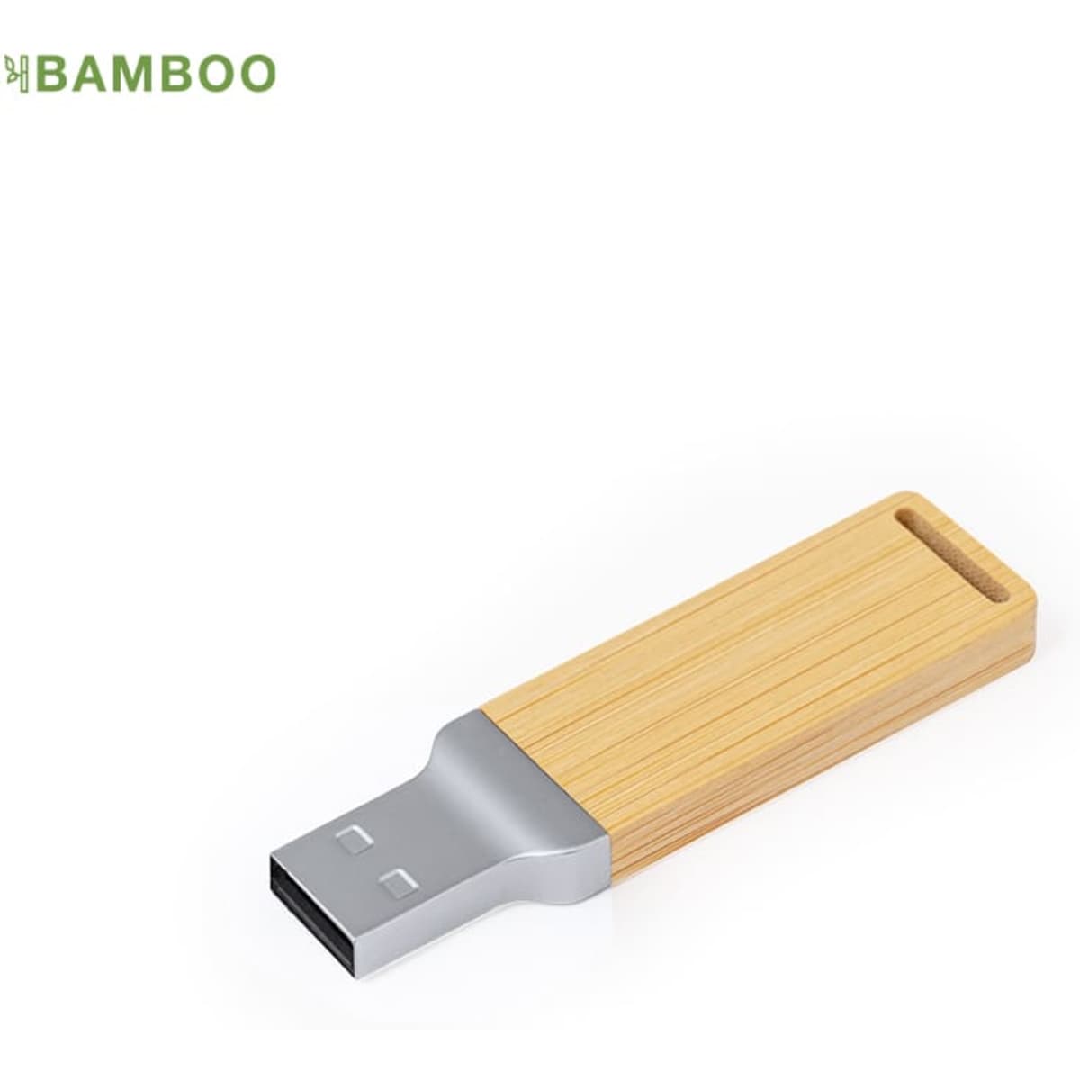 A bamboo USB flash drive with a silver connector, featuring a sleek, minimalist design.