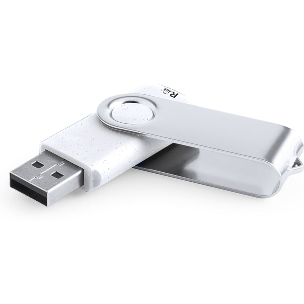 A sleek white and silver USB drive with a swivel design, featuring a logo on one side.