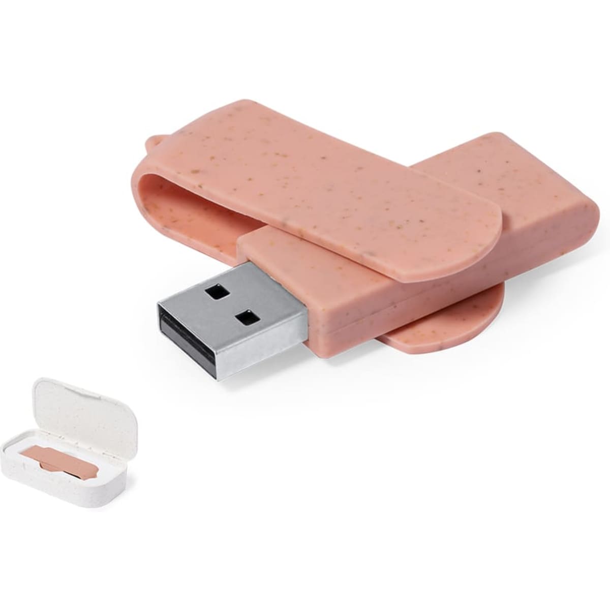A pink 16GB USB drive with a flexible design, alongside a small white storage case.