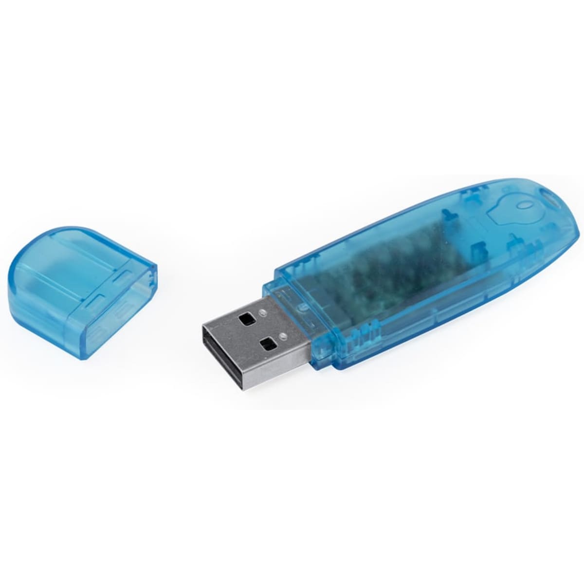 A turquoise 16GB USB drive with a removable cap, featuring a clear casing revealing internal components.