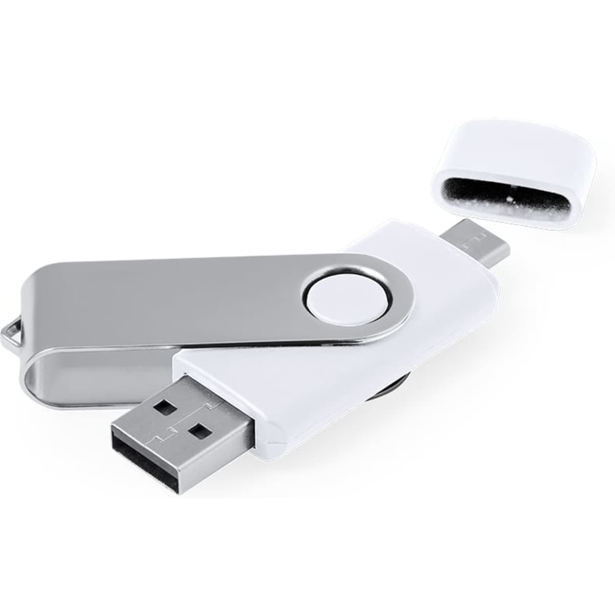 A white and silver 16GB USB drive with a swivel design and removable cap. It features a logo on its surface.