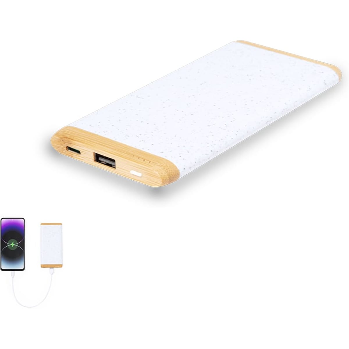 A white power bank with a bamboo accent, featuring a USB port and several connections, with a smartphone charging cable.