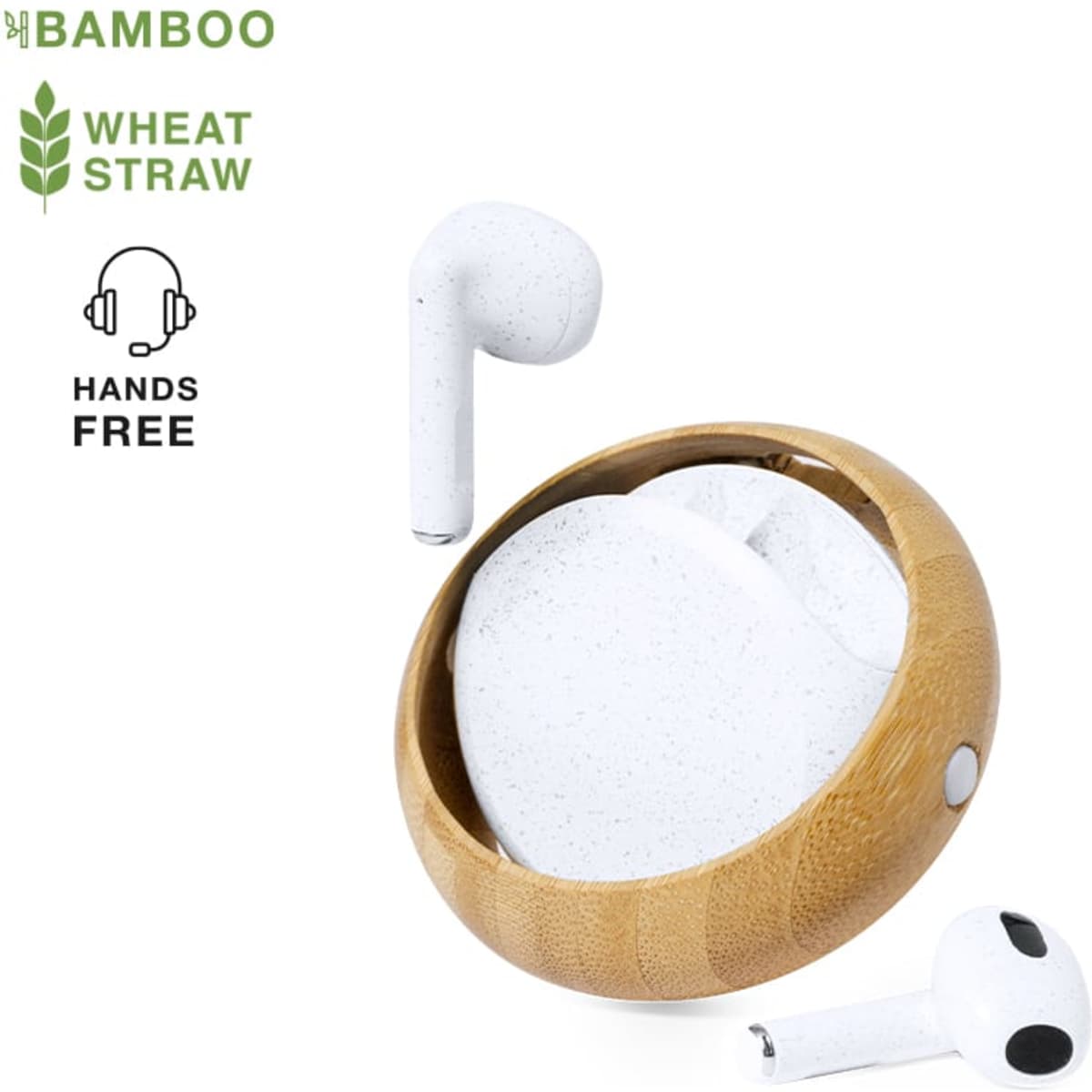 A pair of white earbuds placed inside a circular bamboo charging case, featuring a natural wood finish.