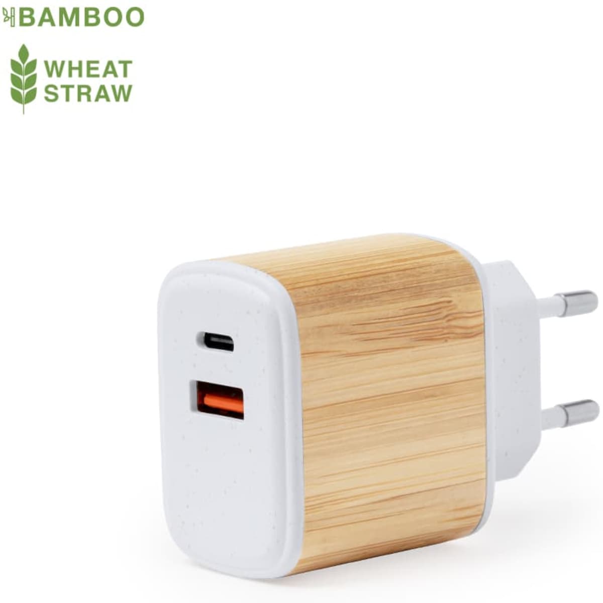 A USB charger with a bamboo and wheat straw design, featuring a white port and two plugs.