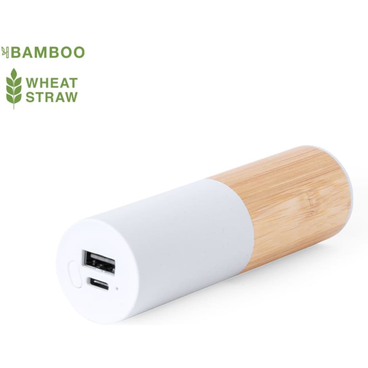 A cylindrical power bank featuring a white body and a bamboo section, with a logo visible.