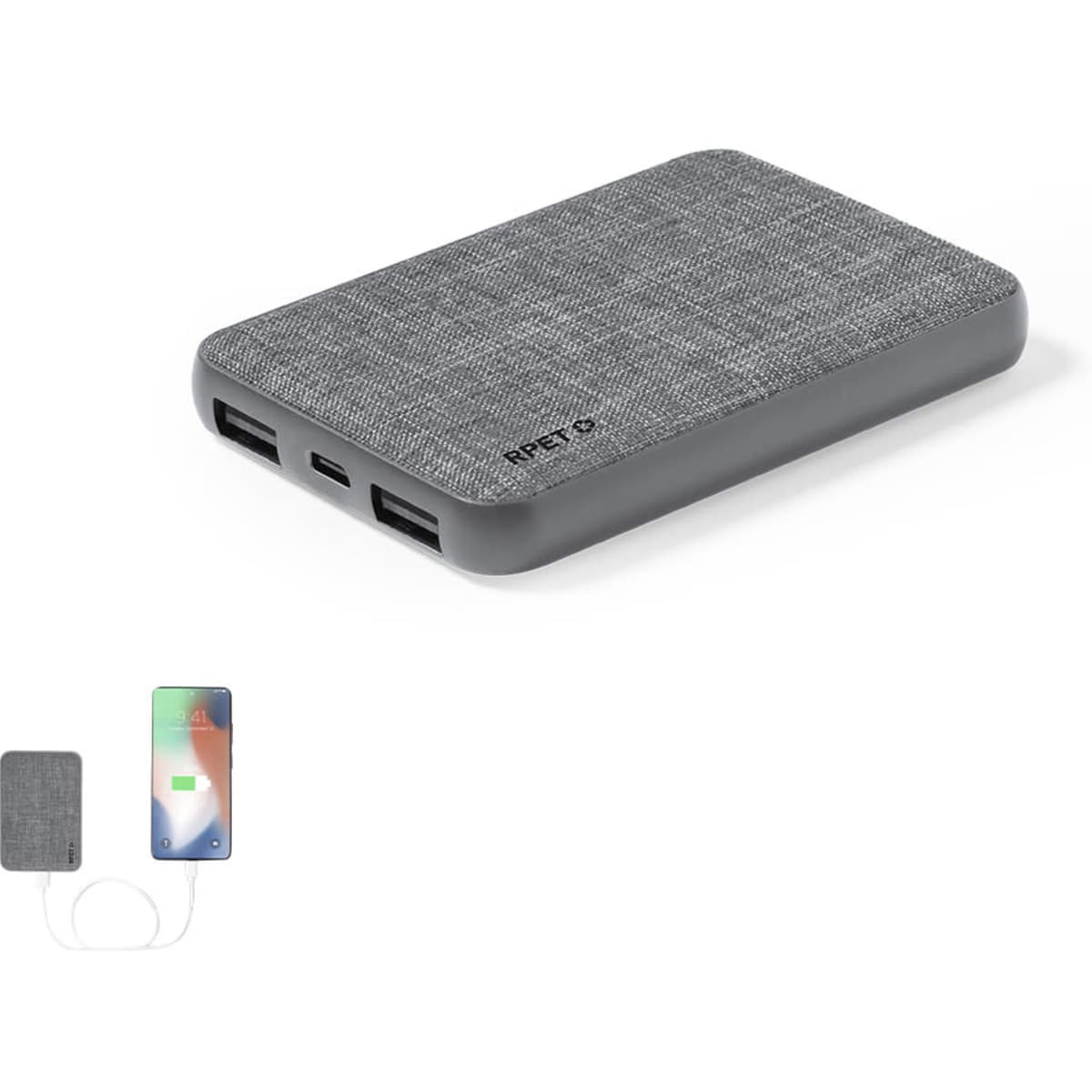 A grey power bank with a textured finish, featuring two USB ports and a branding logo.