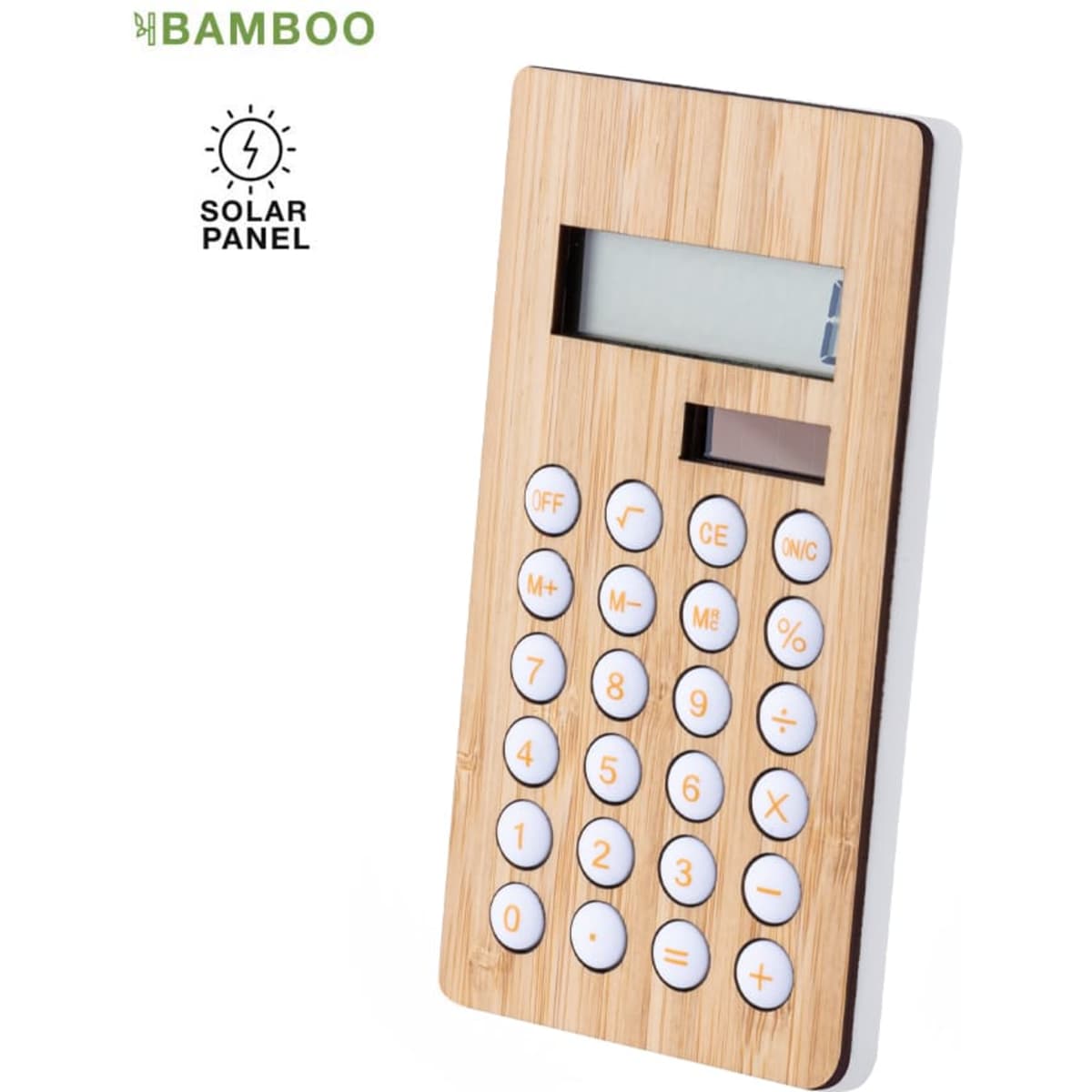 A bamboo calculator with a solar panel, featuring a digital display and numerical buttons in white.