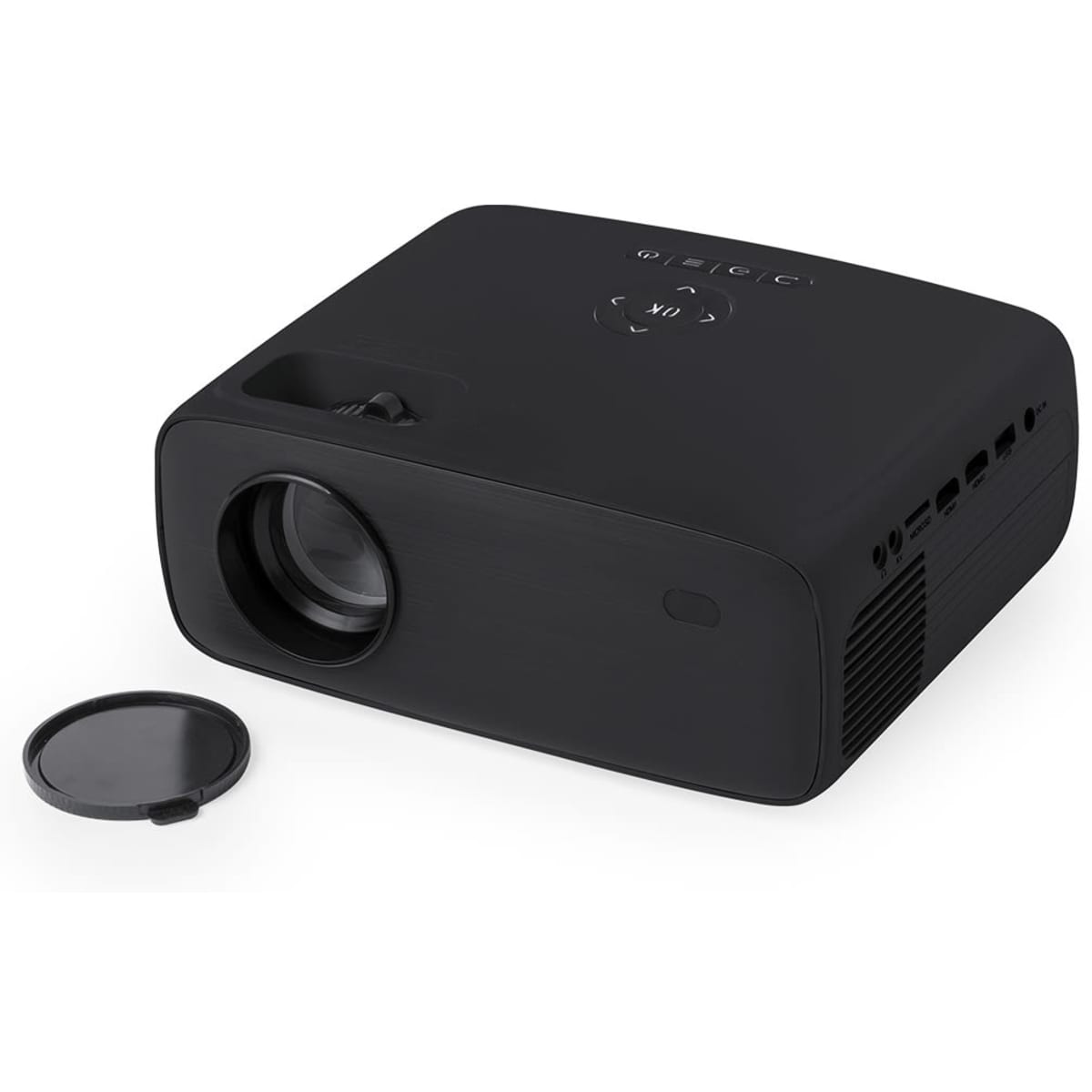 A black projector with a lens and removable cover, featuring multiple ports and buttons on its surface.
