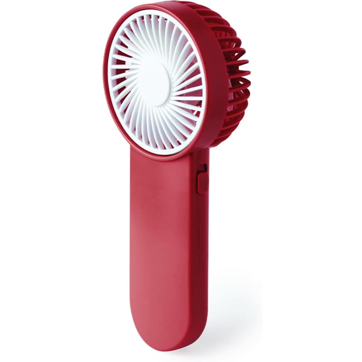 A red portable fan with a rounded design and a handle, featuring a logo on the side.