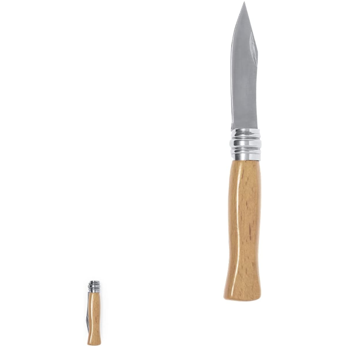 A multi-tool with a silver stainless steel blade and a wooden handle, featuring a branding logo.