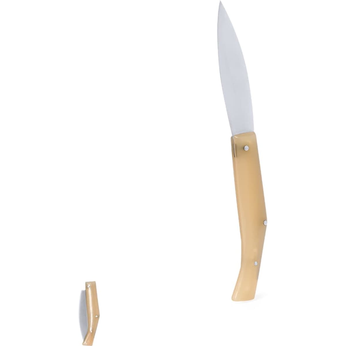 A multi-tool with a silver blade and a light wooden handle, featuring a compact design with a foldable mechanism.