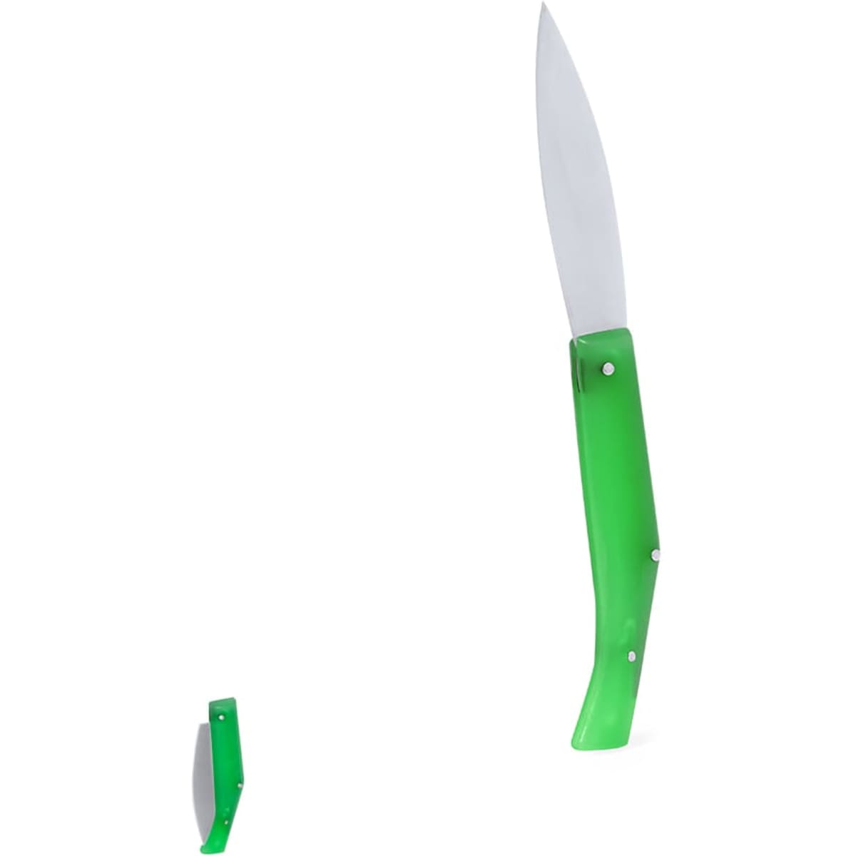 A green multi-tool featuring a folding knife with a stainless steel blade. It has a simple design and includes a logo.