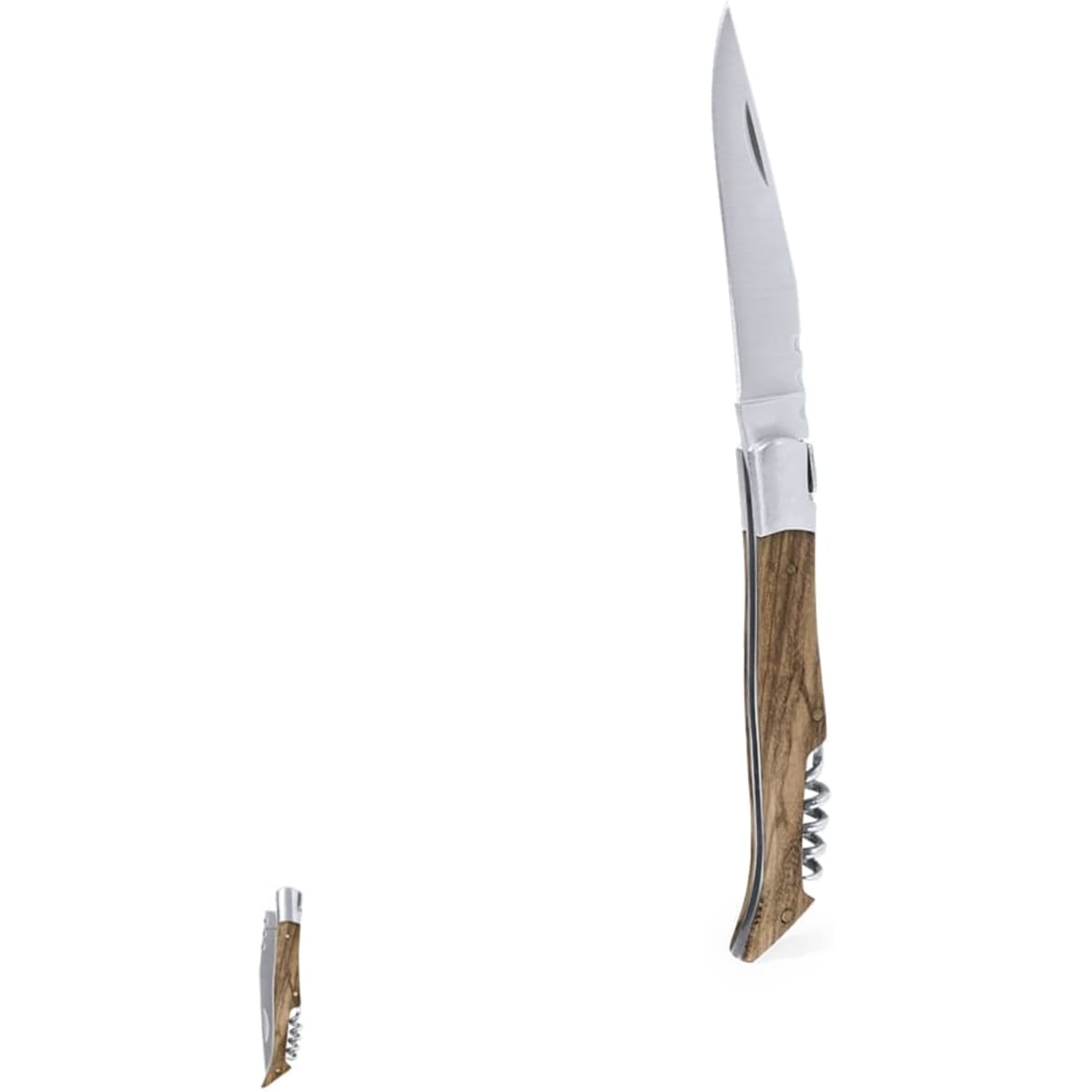 A multi-tool with a sleek stainless steel blade and wooden handle. It includes a logo on the handle.