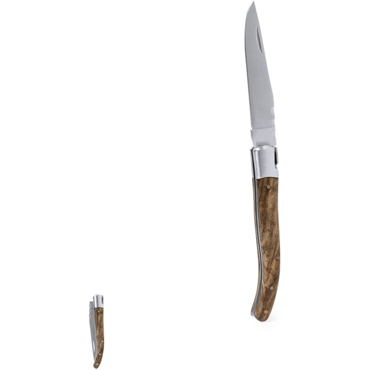 A multi-tool featuring a stainless steel blade and a wooden handle. It includes a compact folding design.