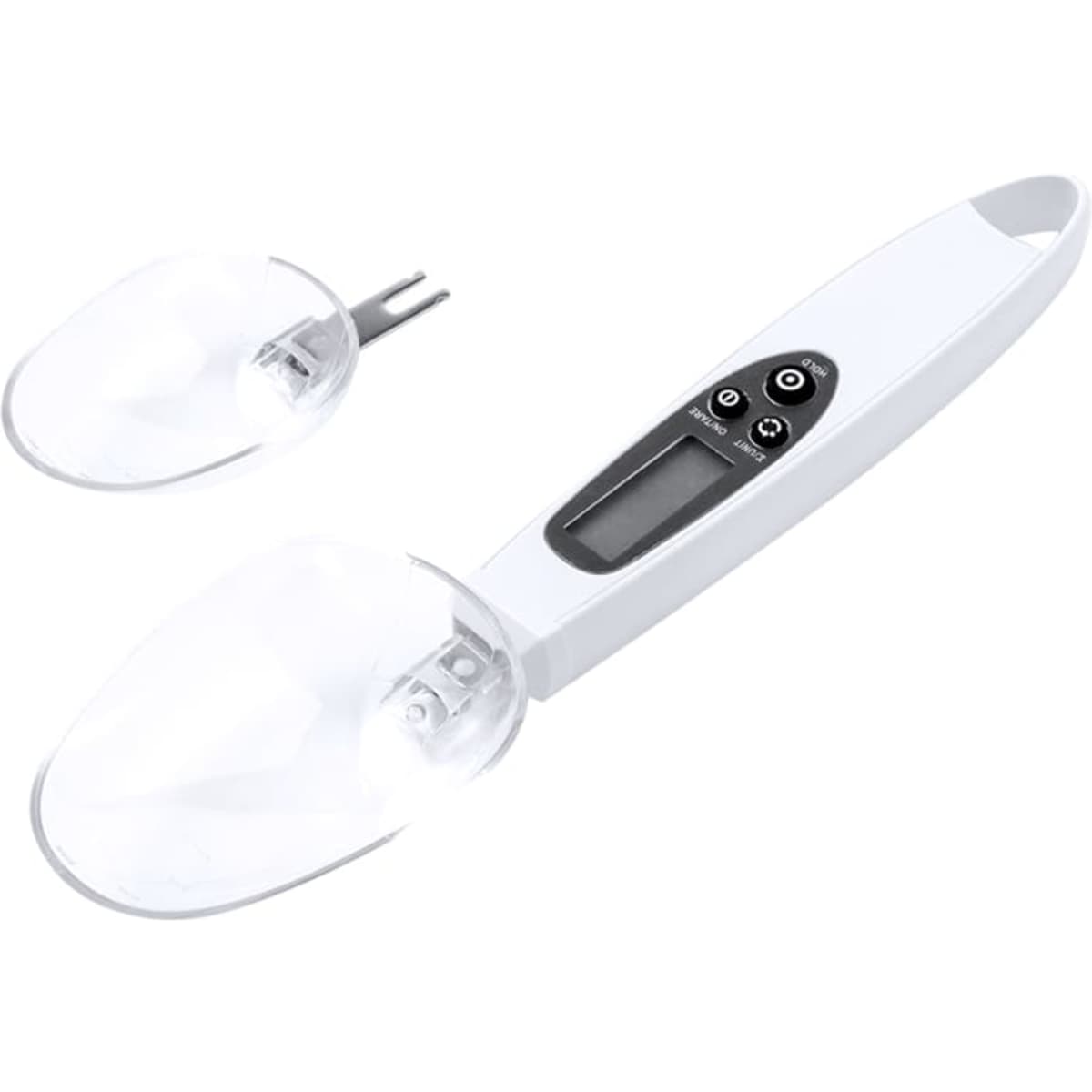 A digital ice cream scoop in white with a transparent scoop attachment and a display screen.