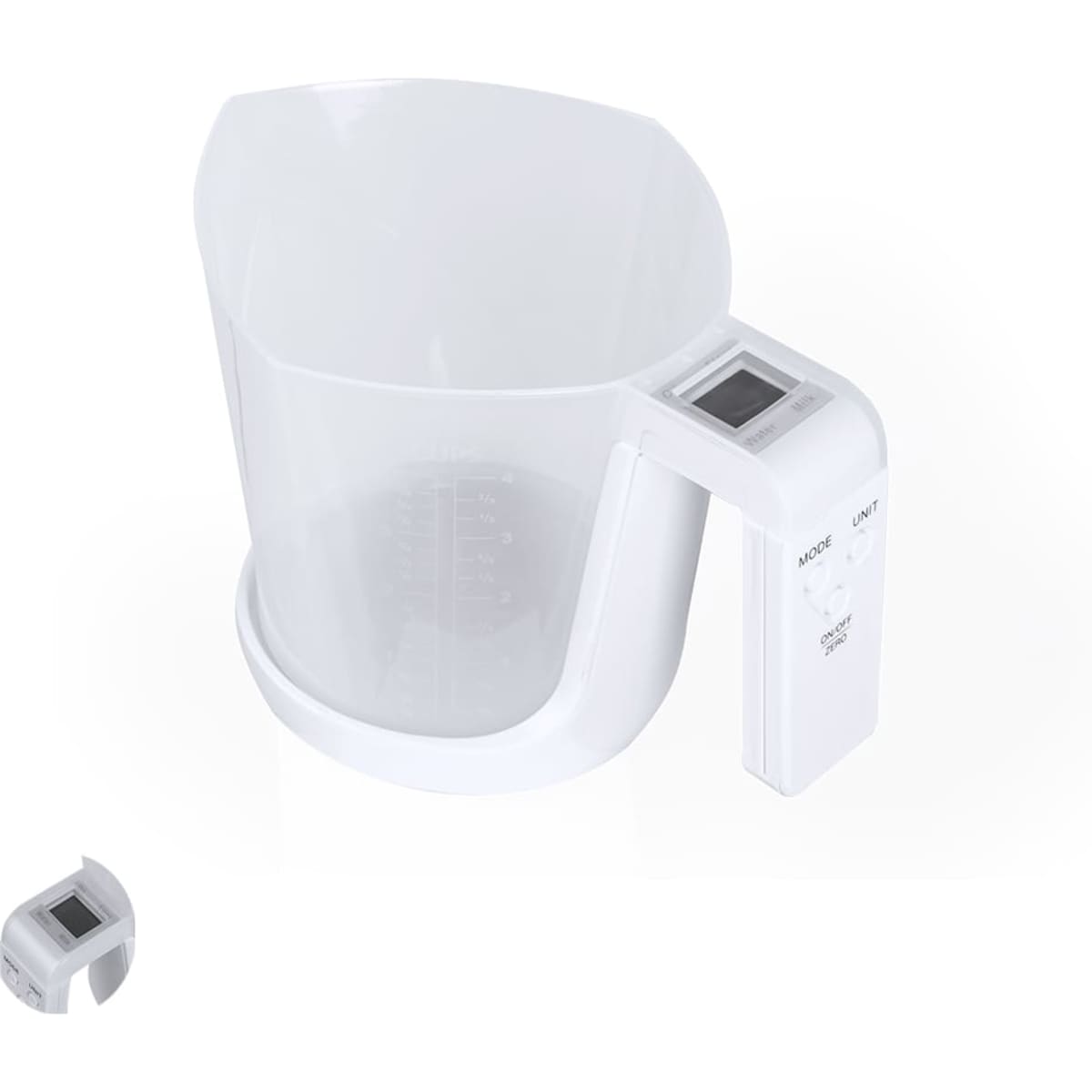 A transparent measuring jug with a white handle and digital display, suitable for various home kitchen tasks.