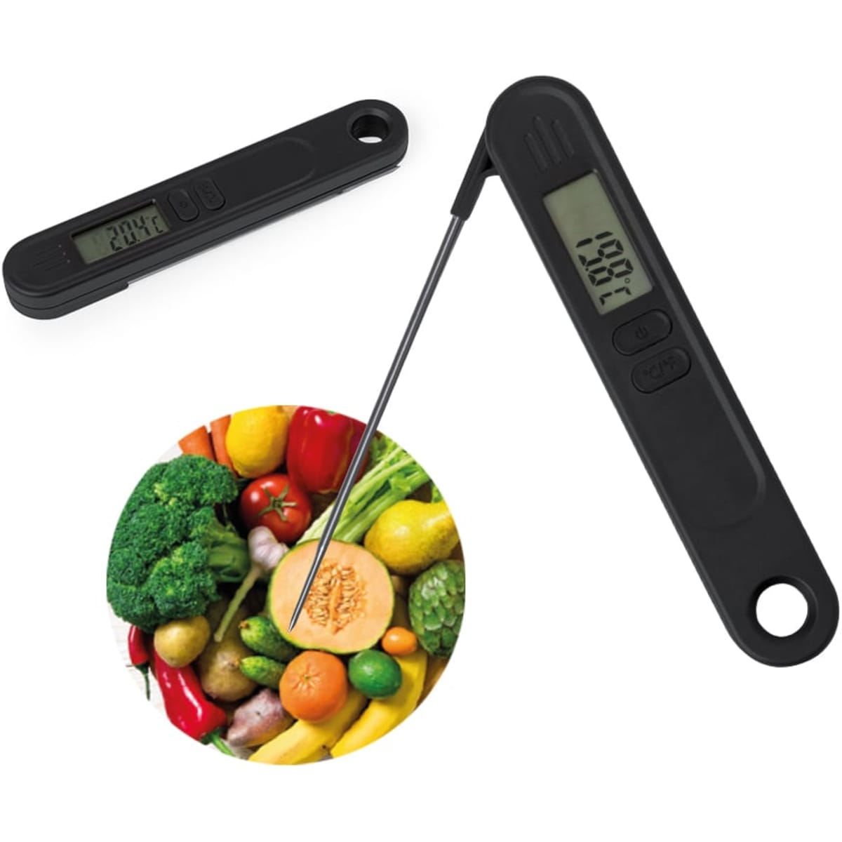 A black digital thermometer with a folding probe, alongside a colourful assortment of fresh vegetables.