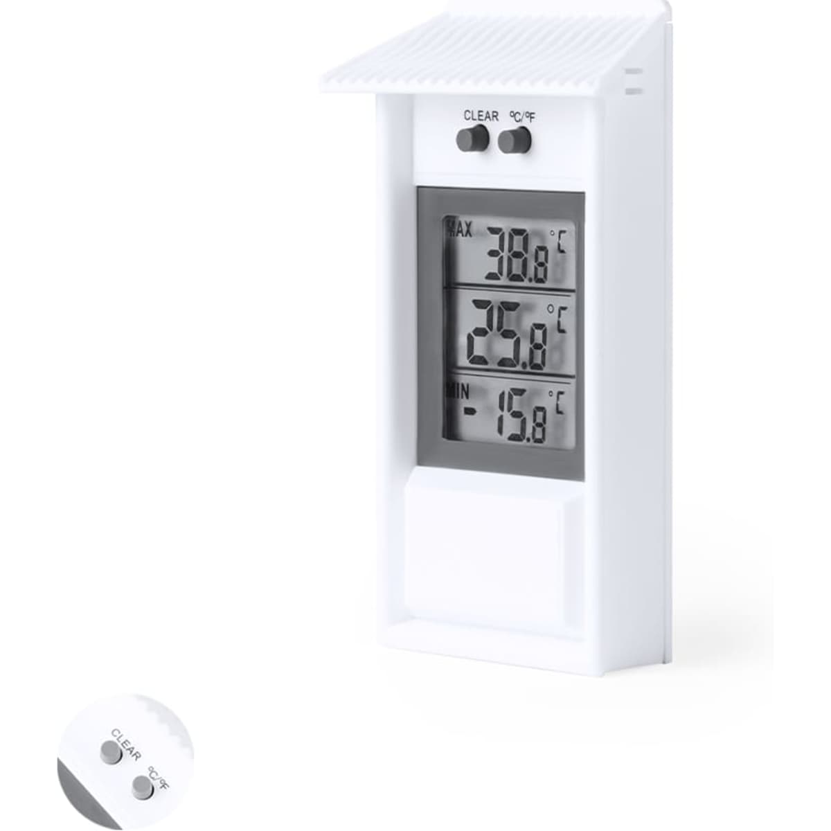 A digital thermometer with a white casing displaying indoor and outdoor temperatures. It features a small roof-like design.