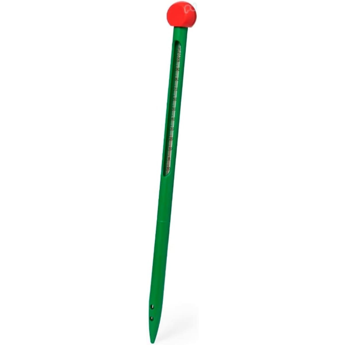 A green gardening thermometer with a red top, featuring a scale for measuring temperature.