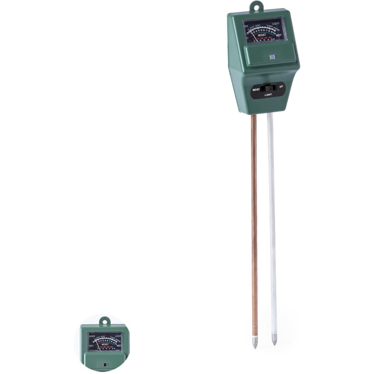 A green moisture meter with a dial display and two metal probes for testing soil moisture levels.