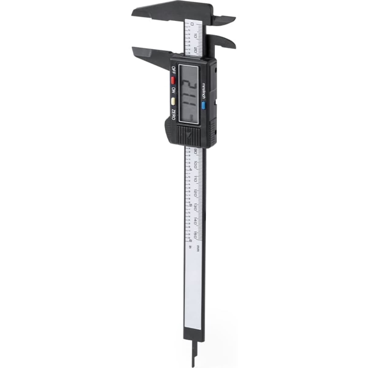 A digital vernier caliper in black with a white measuring scale and a display screen. It features a logo.