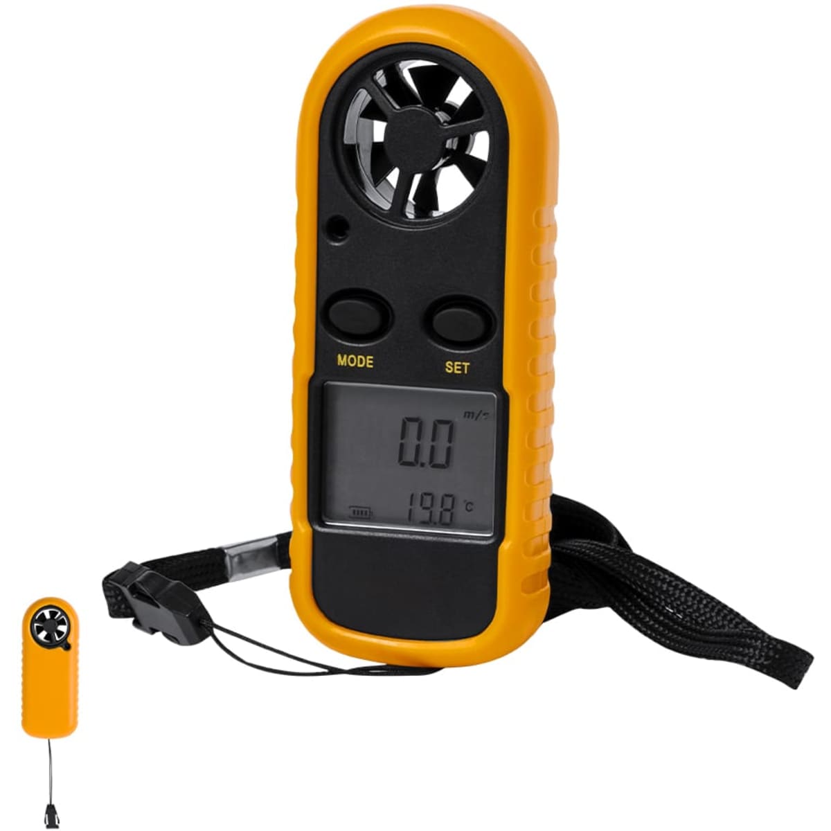 A handheld anemometer in bright orange with a digital display and buttons, featuring a wrist strap for easy carrying.