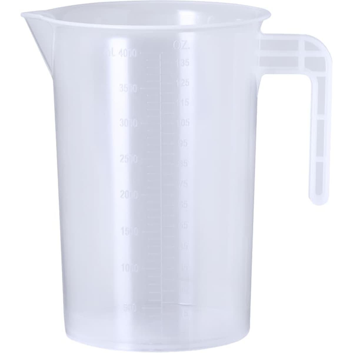 A clear plastic measuring jug with a spout and handle, featuring measurement markings on the side.