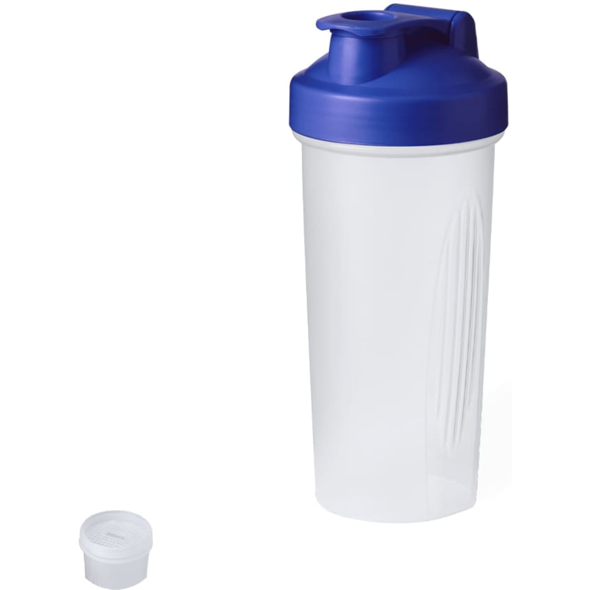 A drink bottle in clear plastic with a blue lid and matching blue top. Includes an additional white screw cap.