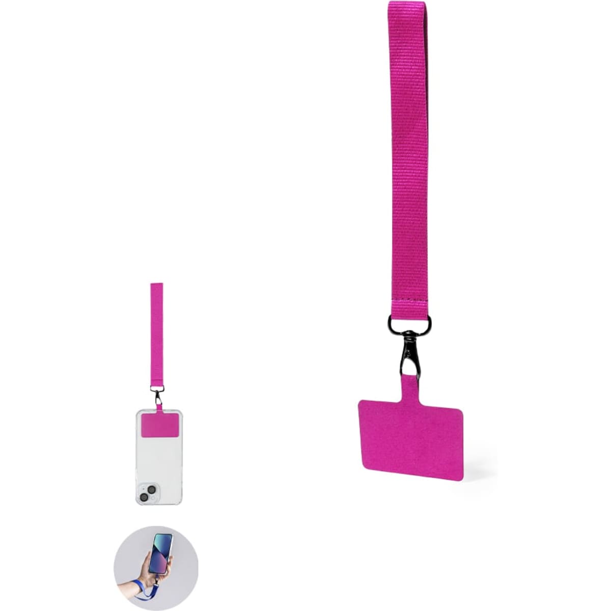 A bright pink phone wallet with a detachable strap, featuring a rectangular card holder.