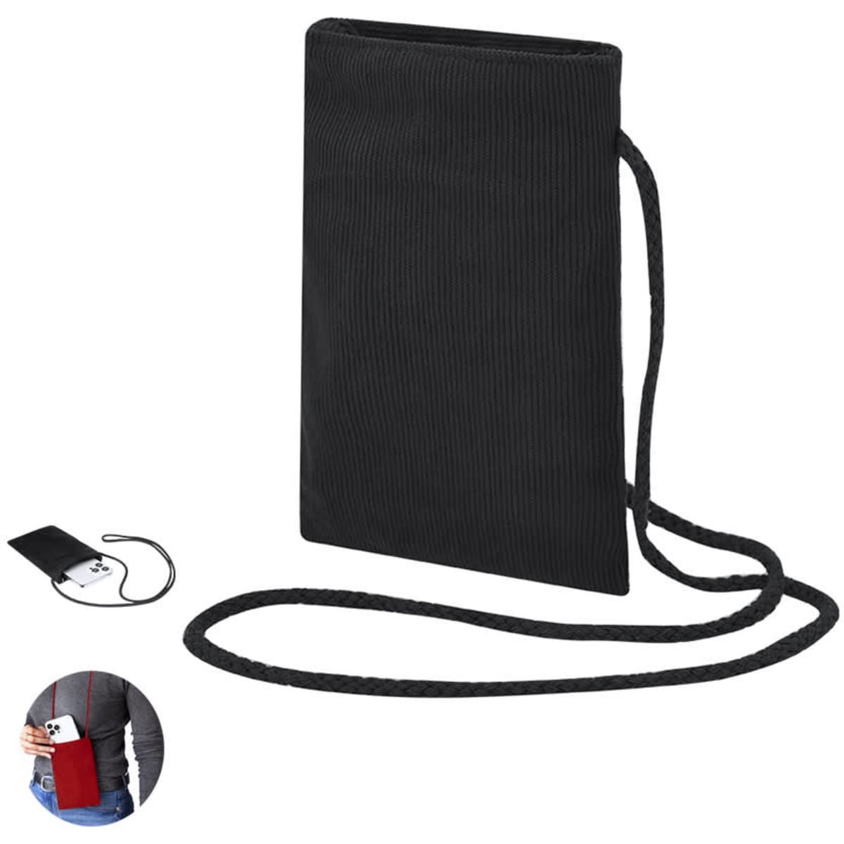 A black drawstring bag with a cord strap, featuring a small pocket for holding a phone or other items.
