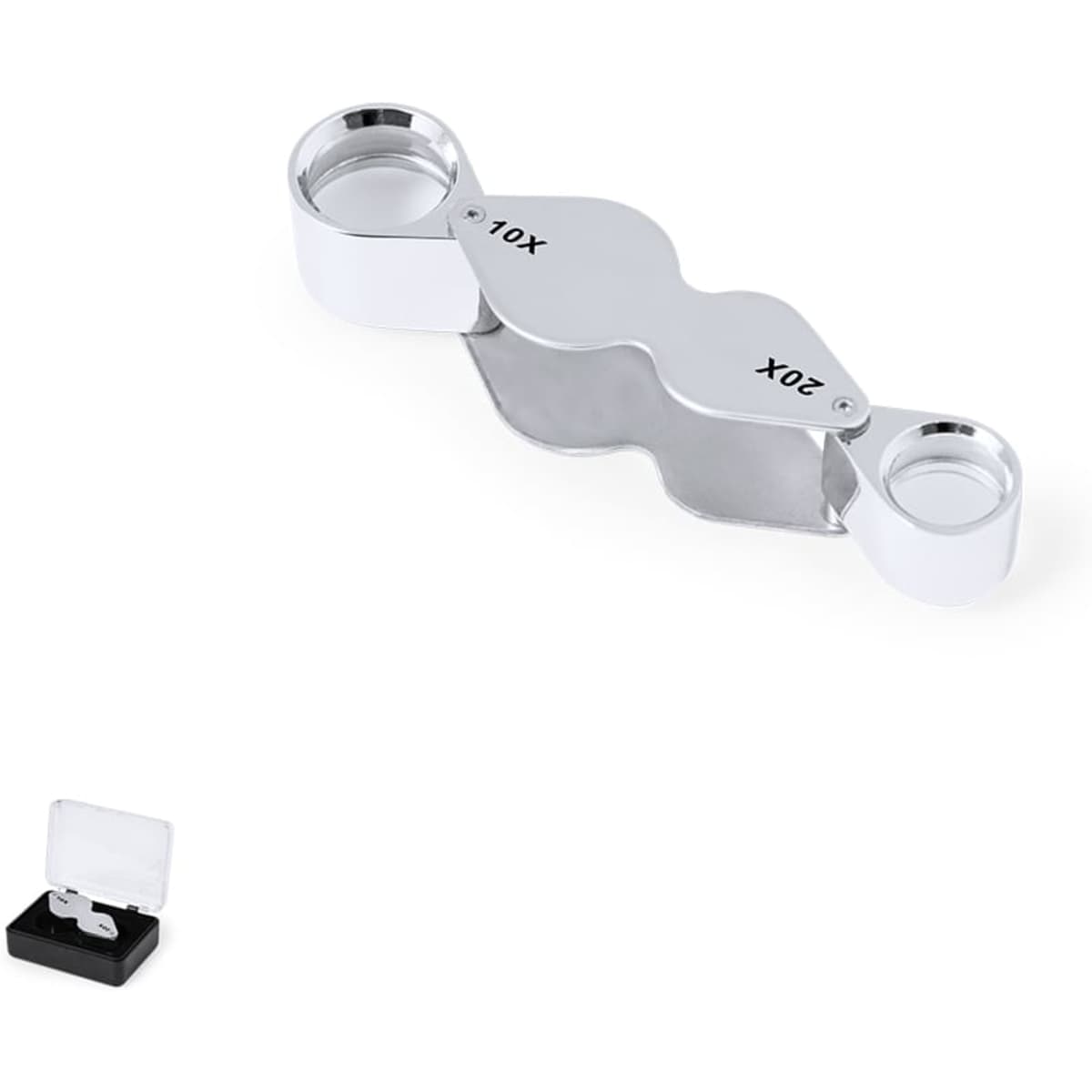 A silver magnifying glass with 10X and 20X lenses, accompanied by a black storage case.