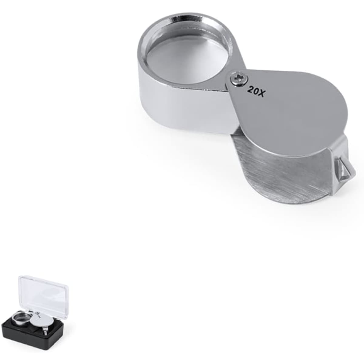 A silver magnifying glass with a 20X zoom, accompanied by a black case for storage.
