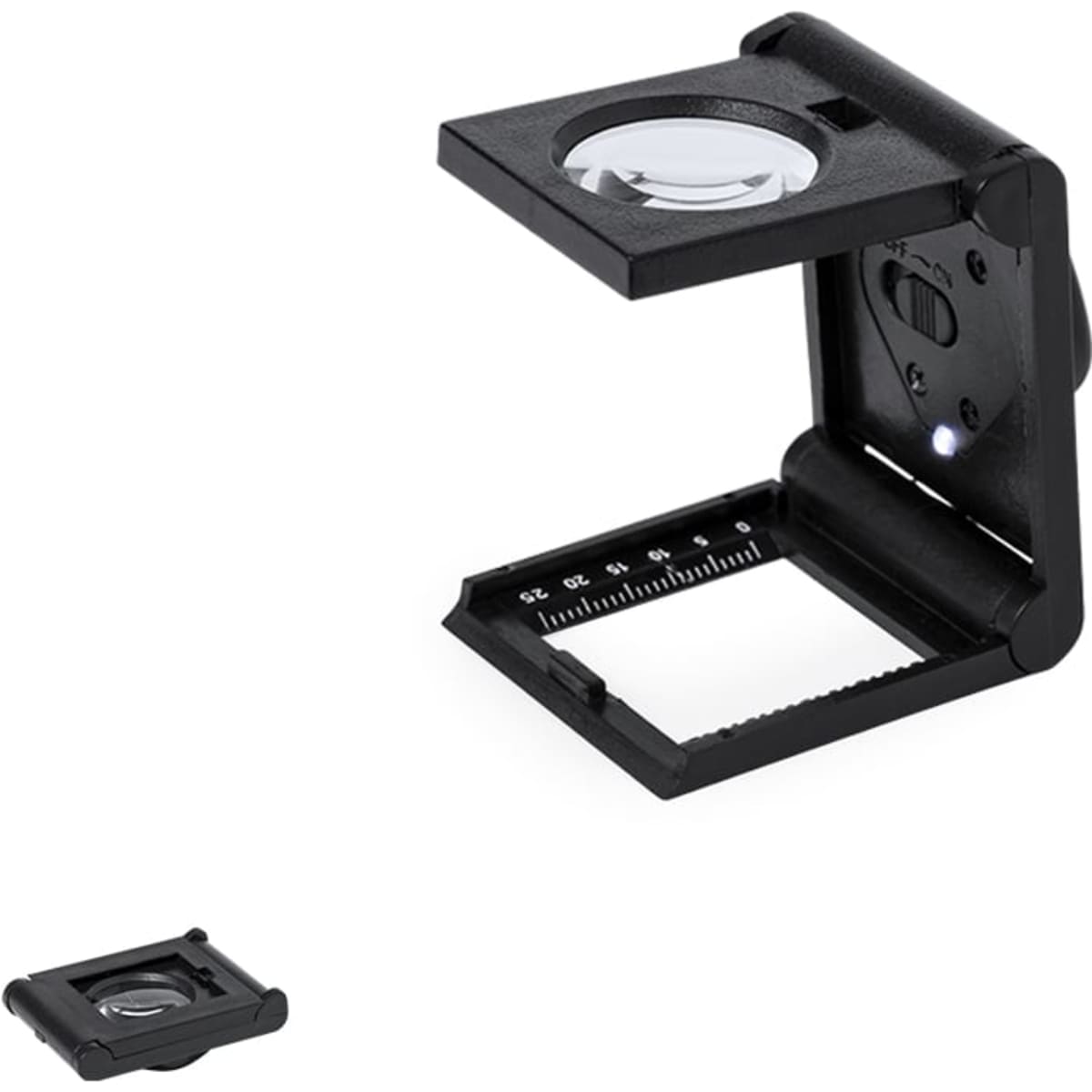 A black magnifying glass with an LED light and folding design, featuring a ruler on its base.