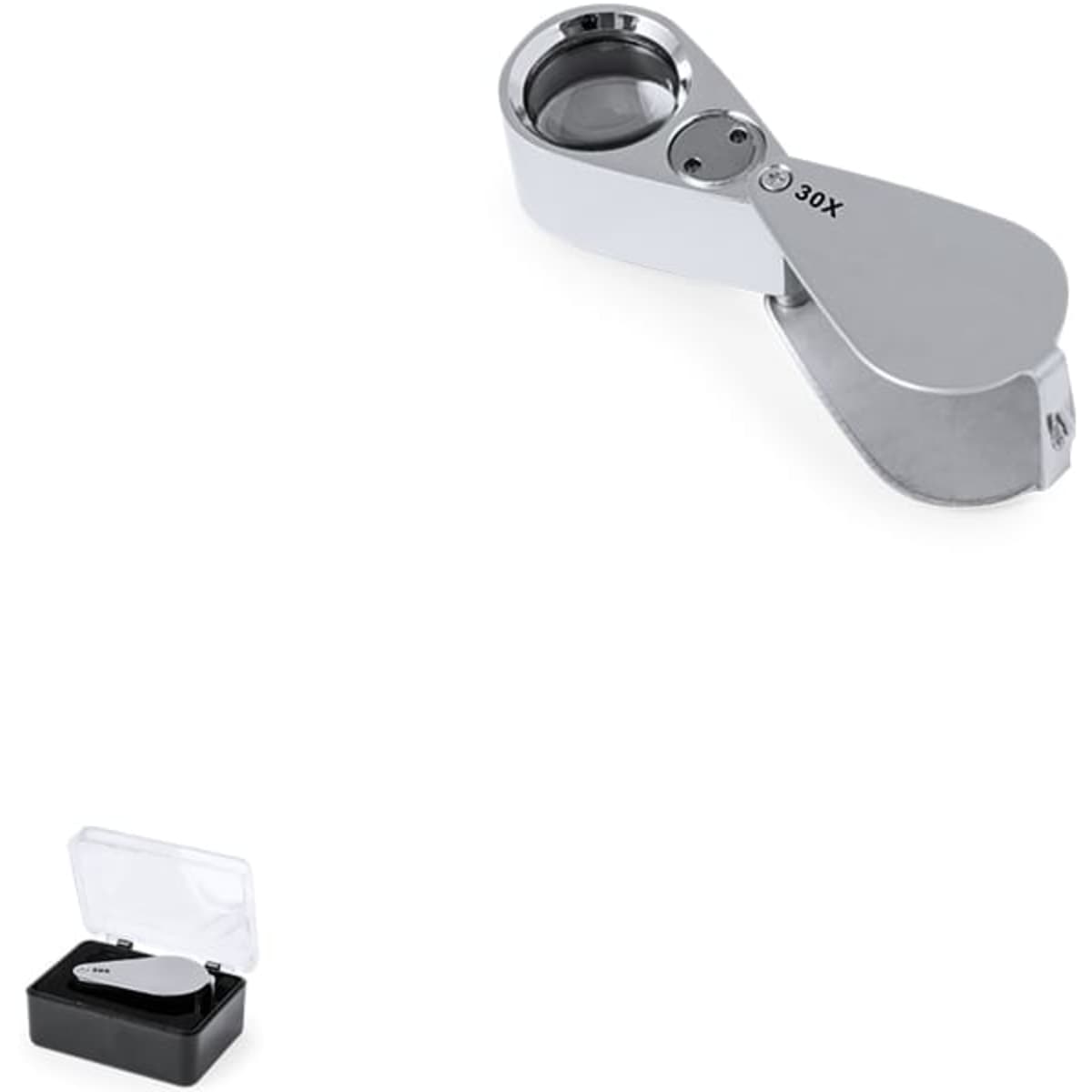 A magnifying glass with a metal finish, presented in a black case. The glass offers 30X magnification.