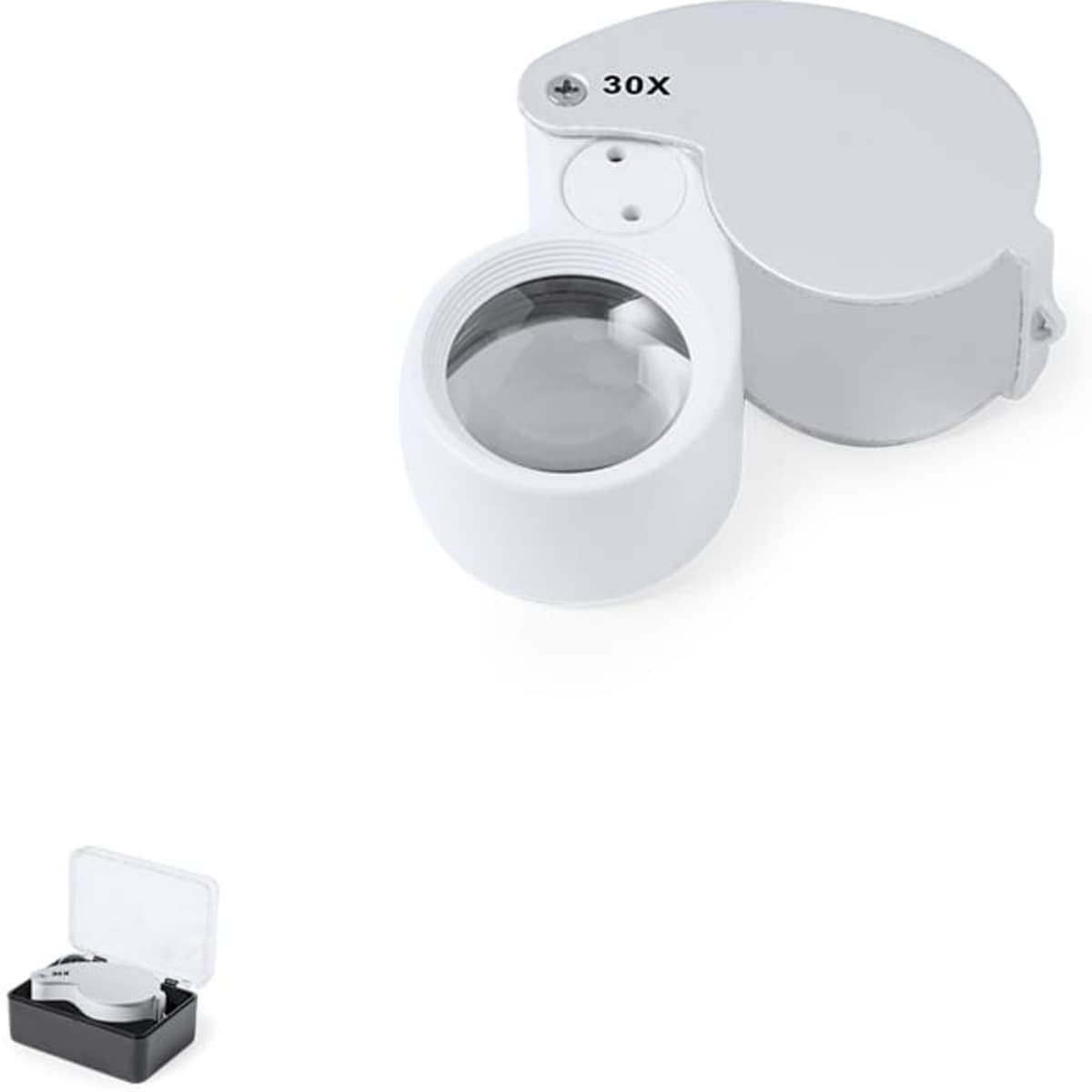 A white 30X magnifier enclosed in a black case. The magnifier has a cover and a viewing lens.