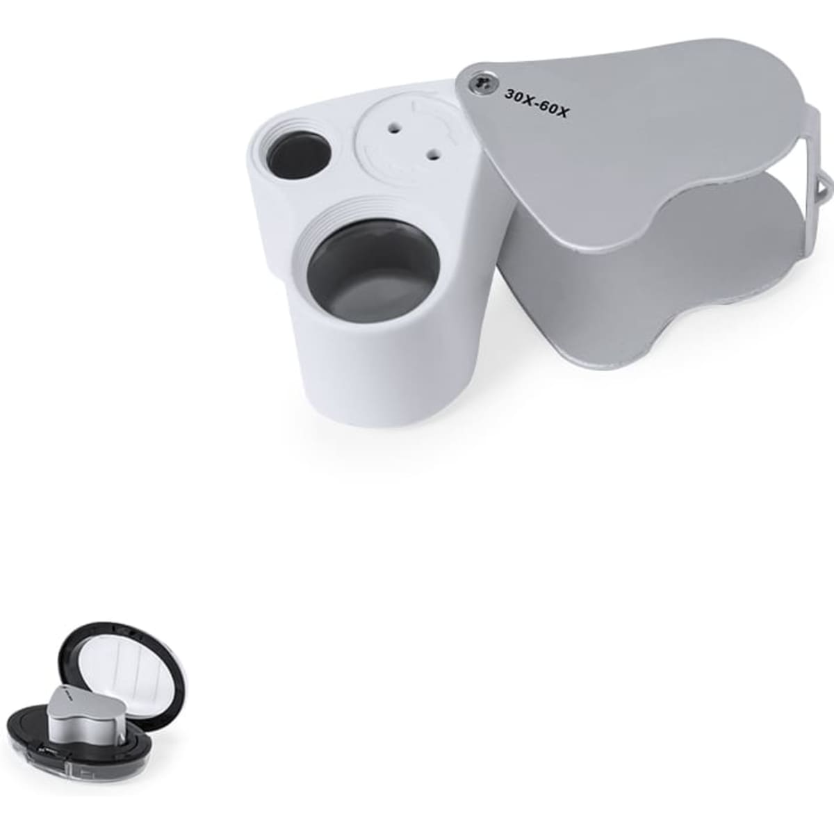 A grey promotional magnifier with a double lens design, featuring a circular cup holder and a compact case.