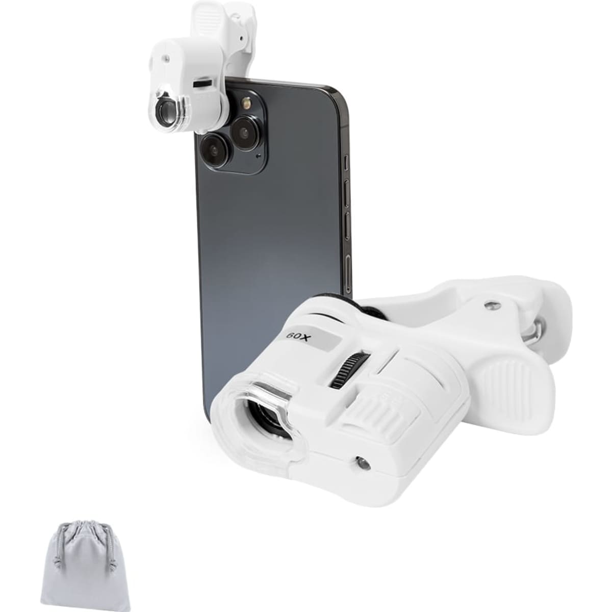 A white clip-on lens attachment for a smartphone, featuring a compact design and a drawstring carry pouch.