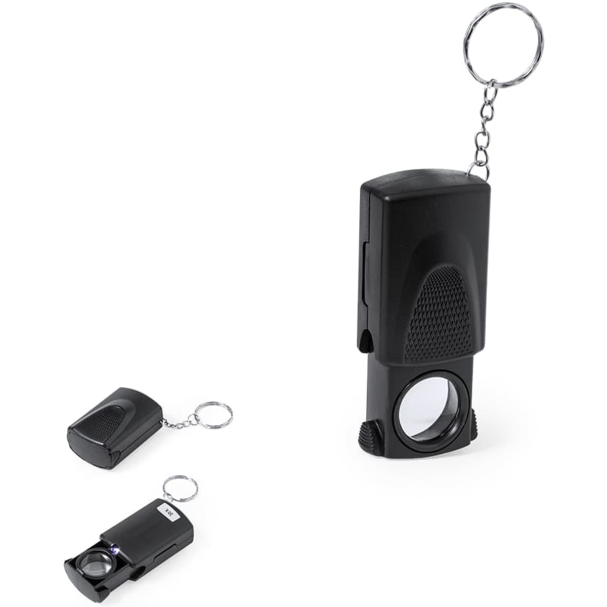 A black keyring magnifier with a removable cover and keychain attachment. It features a built-in lens for magnification.