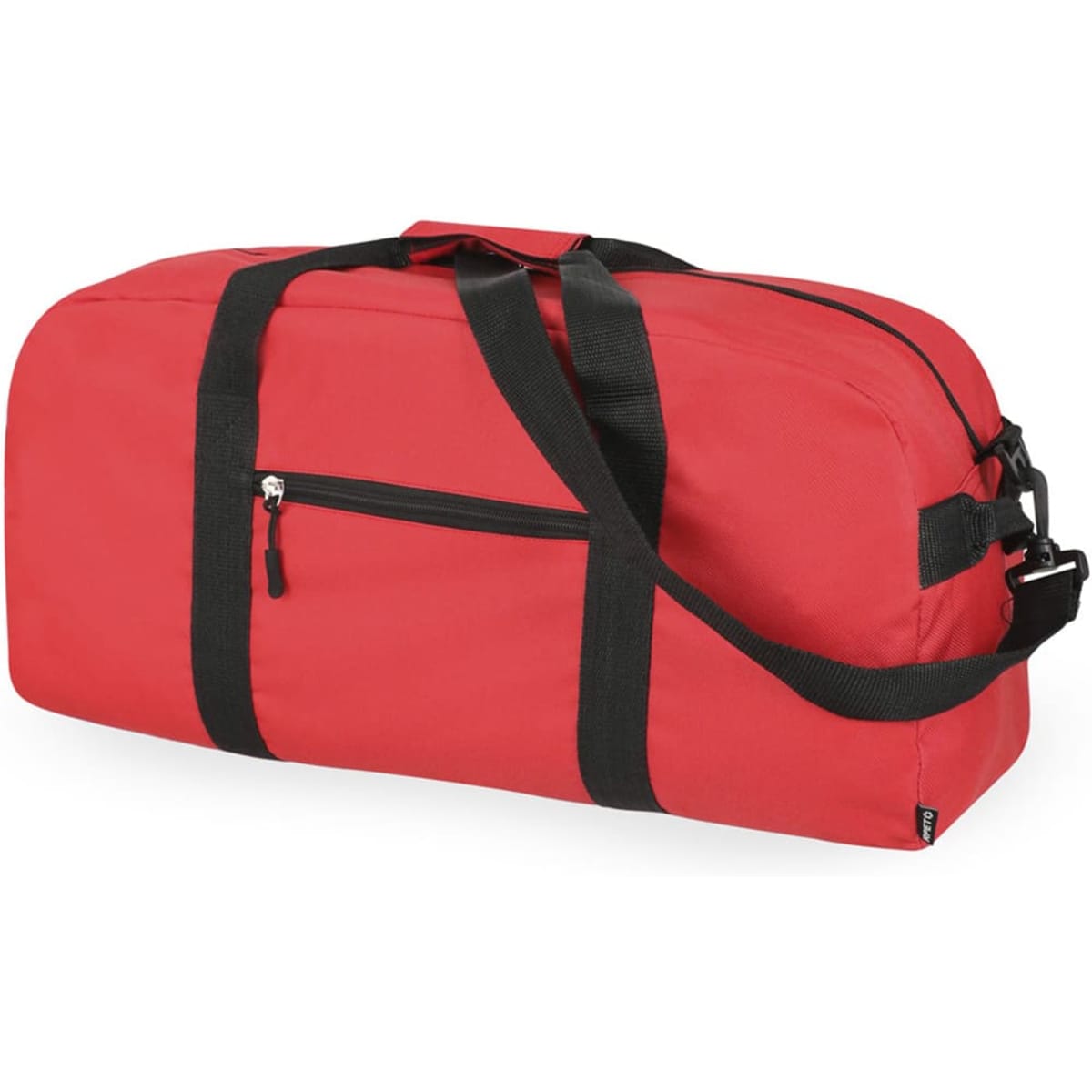 A red tote bag with black straps and a front zipper pocket. It has a branding logo.