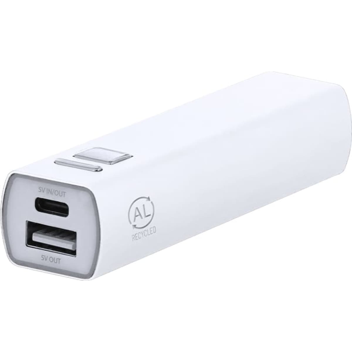 A white power bank with USB ports and a button, featuring a logo and a sleek, minimalist design.