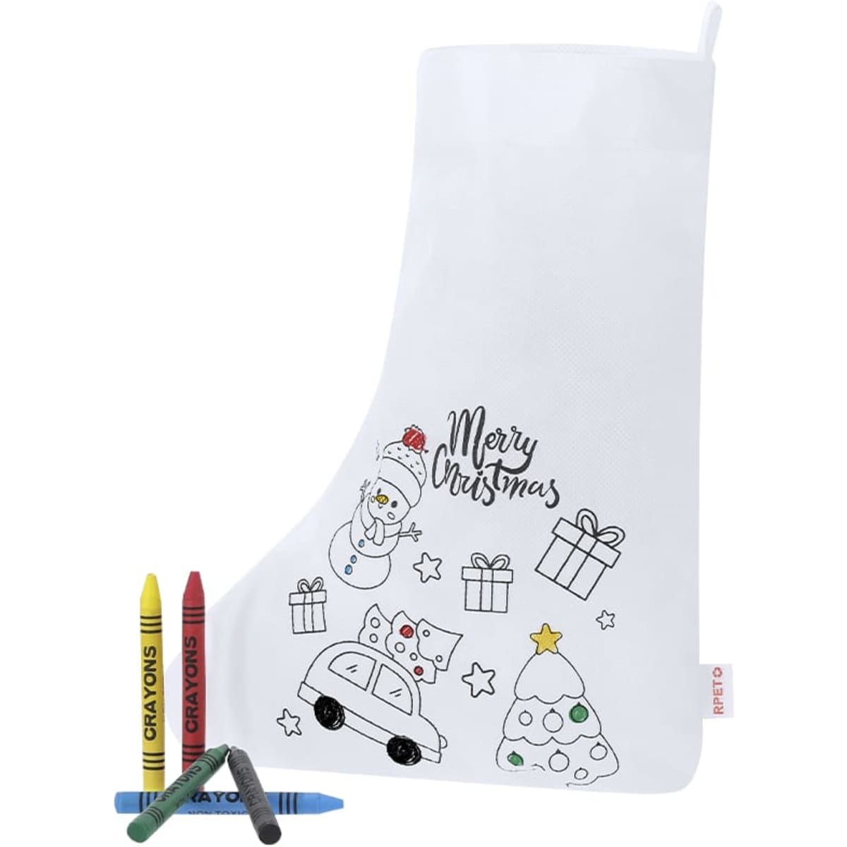 A Christmas stocking decorated with outlines of a snowman, car, and tree, accompanied by crayons in various colours.