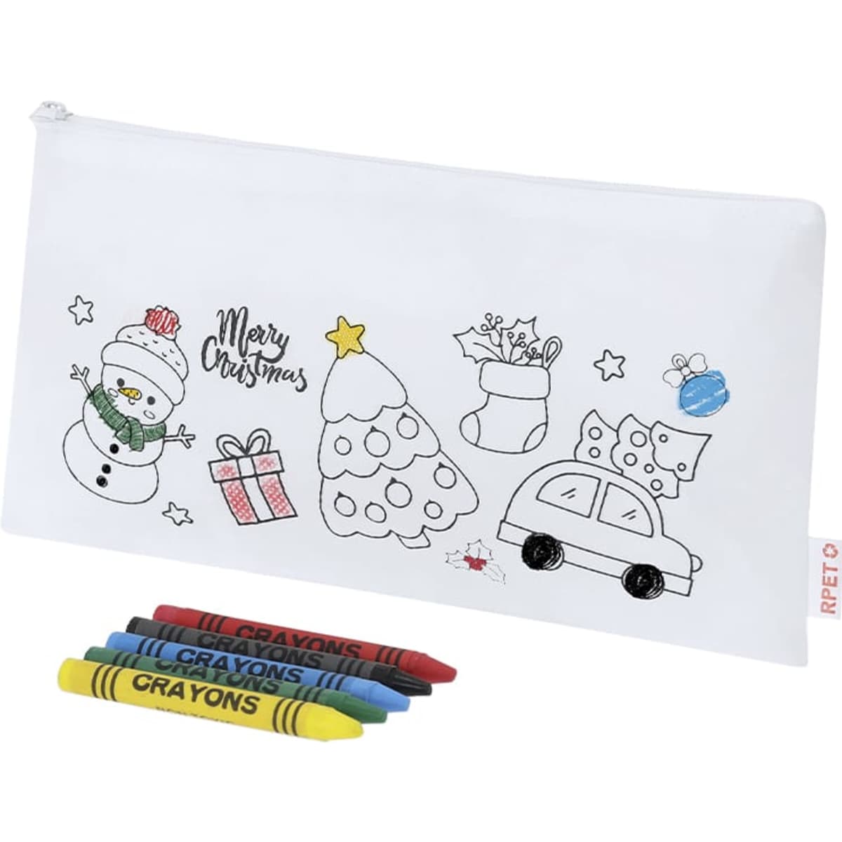 A white pencil case featuring Christmas-themed illustrations, accompanied by six coloured crayons in red, green, yellow, and blue.