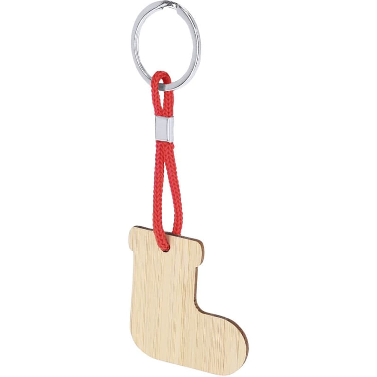 A wooden boot-shaped keyring with a red cord and silver ring. Simple and stylish design.