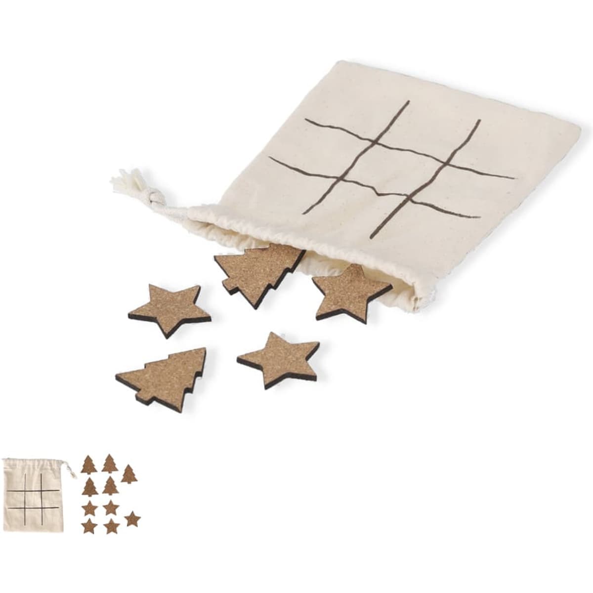 A drawstring bag contains wooden star and tree-shaped game pieces in natural hues, with a grid pattern on the bag.
