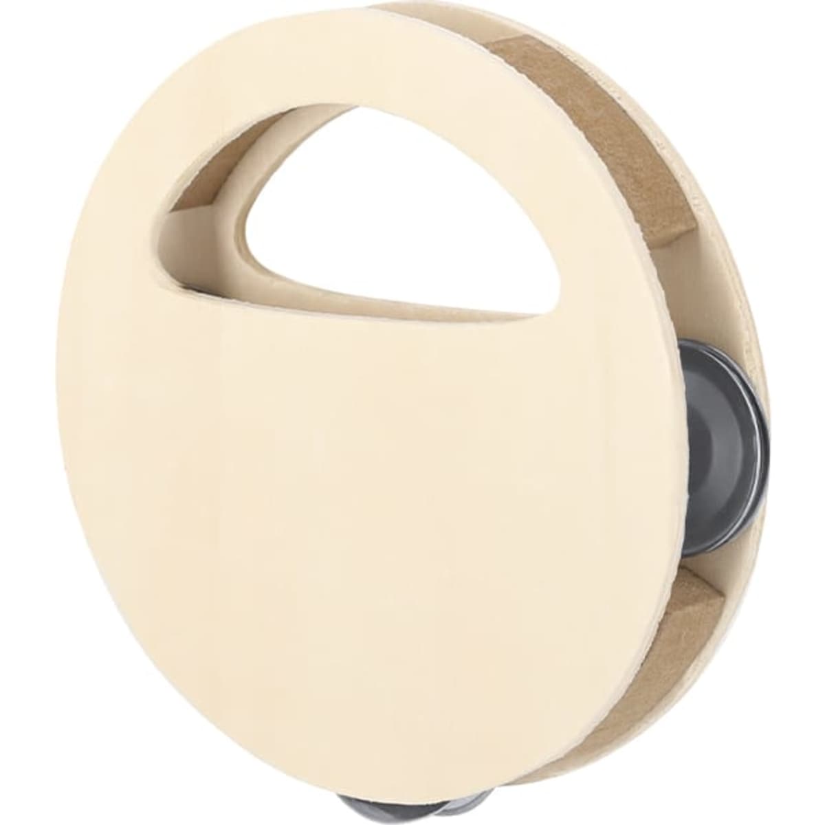 A circular novelty item with a handle, featuring two moving wheels, in a cream colour. It has a branding logo.