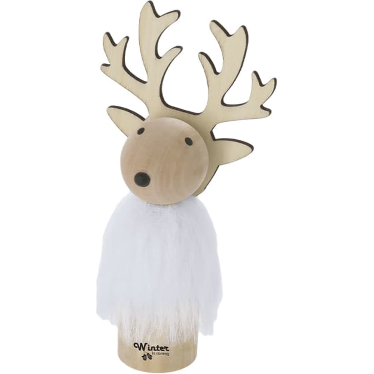 A wooden reindeer decoration with antlers and a white fluffy base. It features a logo on the front.