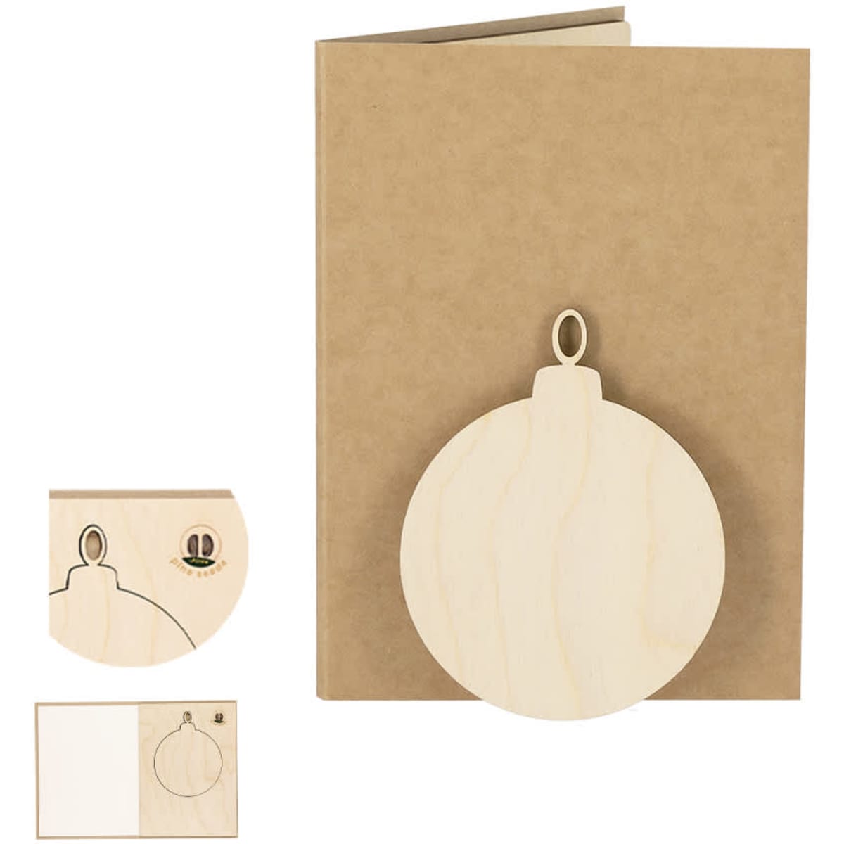 A wooden ornament shaped like a bauble, attached to a brown kraft card with a matching envelope.